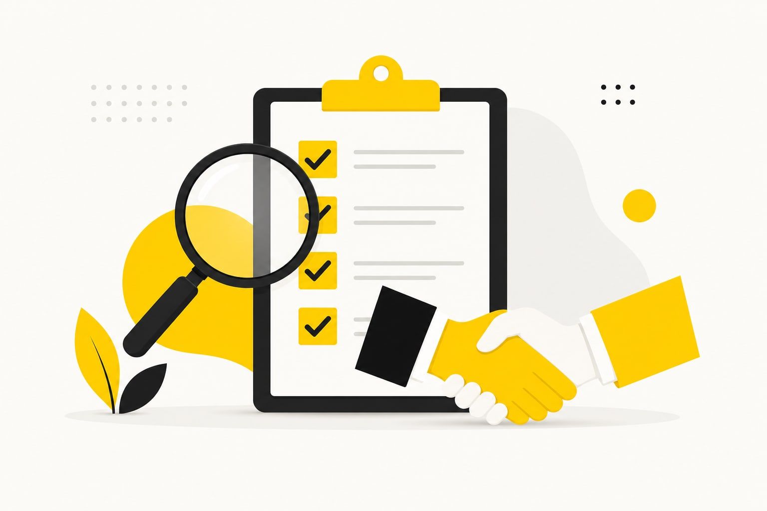 Ilustração de uma checklist com lupa ao lado de um aperto de mãos, representando a contratação de um consultor