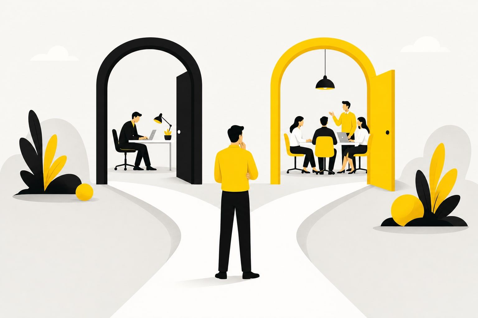 Ilustração de duas portas lado a lado, uma com uma pessoa e outra com uma equipe, representando caminhos diferentes