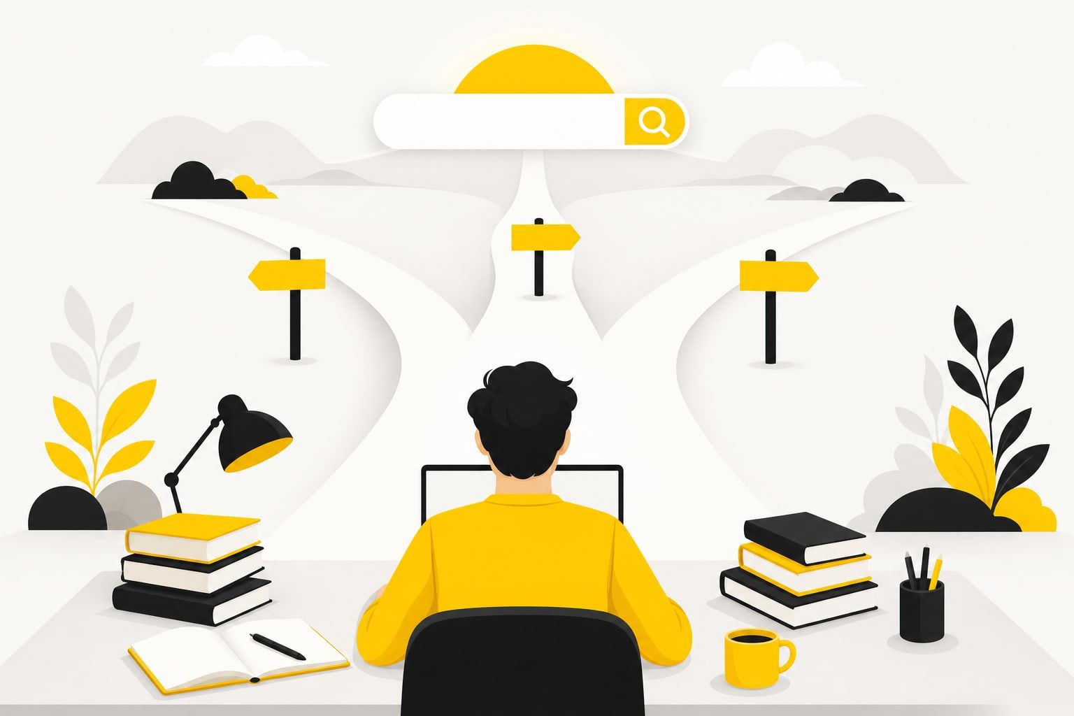 Ilustração de uma pessoa estudando com notebook e livros, cercada por placas indicando caminhos diferentes