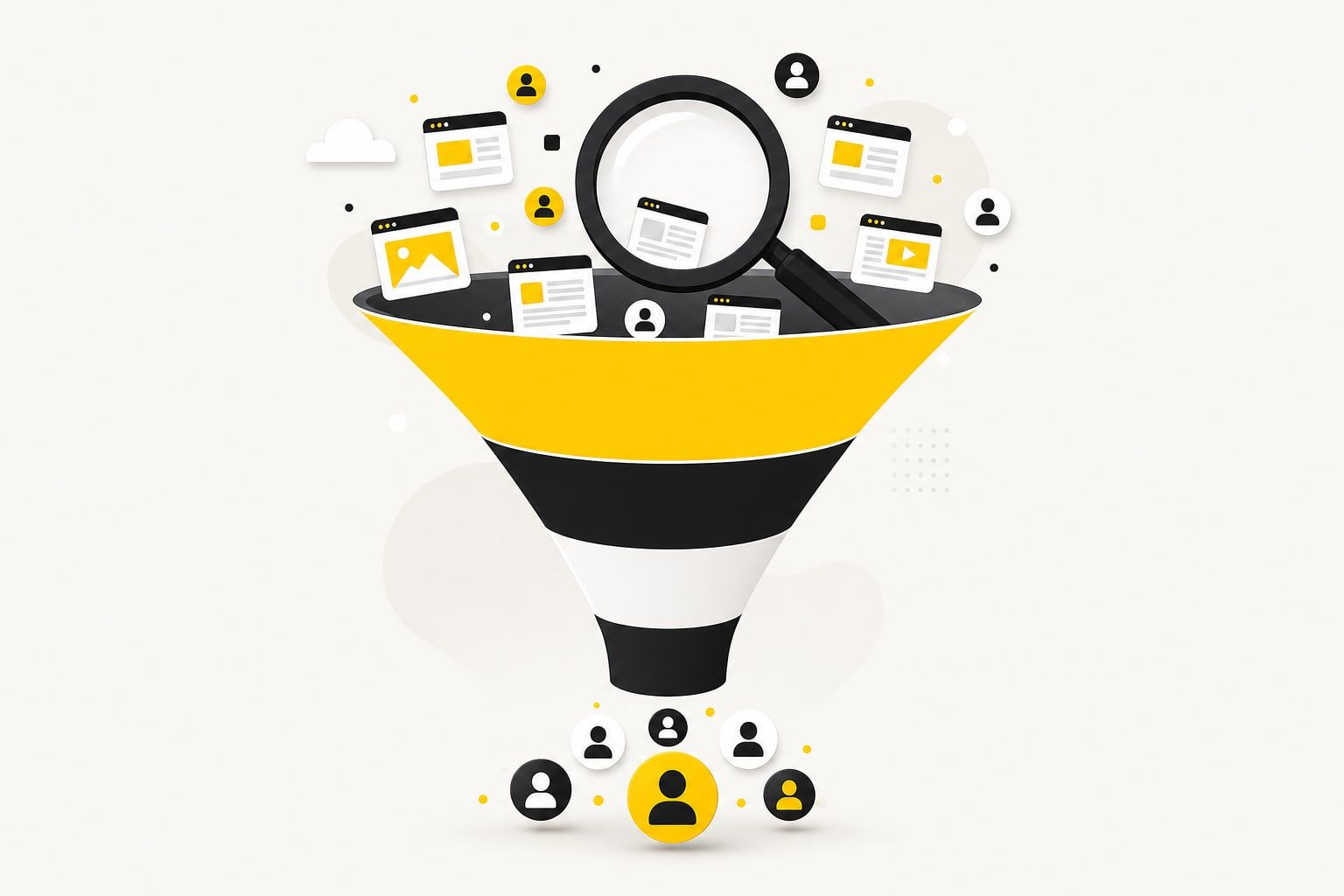 Ilustração de um funil de marketing digital com uma lupa de busca posicionada no topo