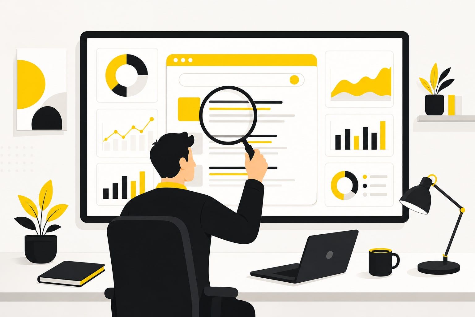 Ilustração de um consultor analisando gráficos de busca em um painel, com lupa e página de resultados do Google estilizada