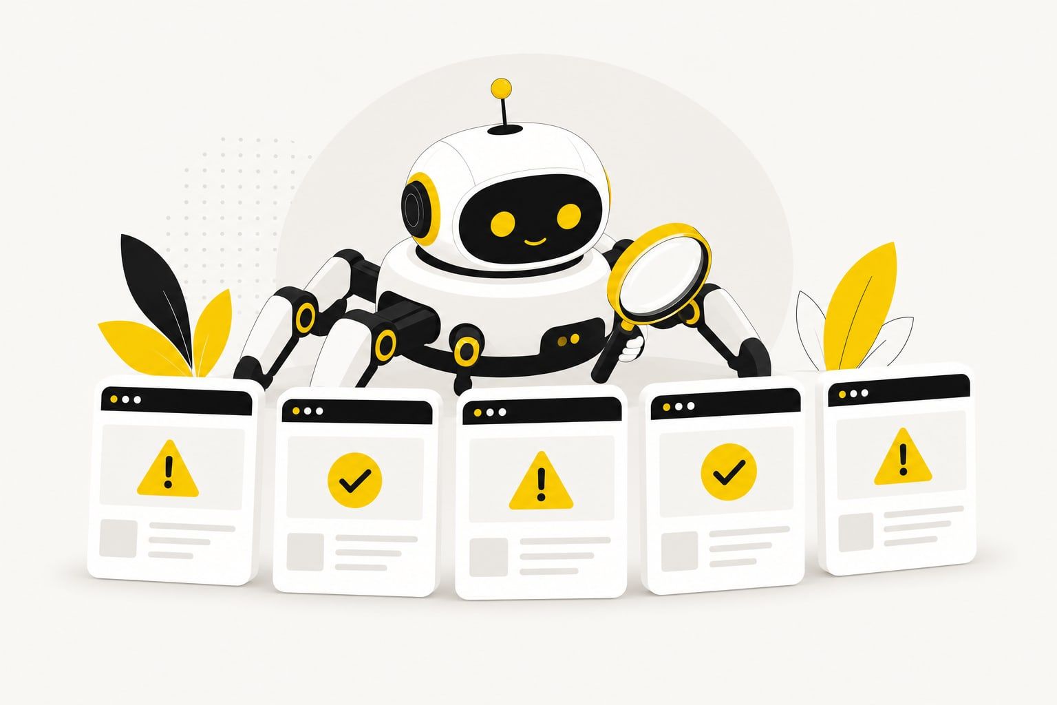 Ilustração de um robô rastreador examinando páginas web marcadas com ícones de alerta e de check