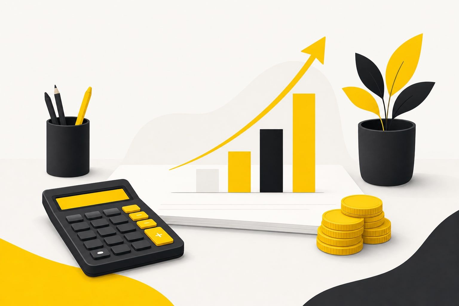 Ilustração de calculadora, moedas e gráfico de crescimento orgânico sobre uma mesa de trabalho