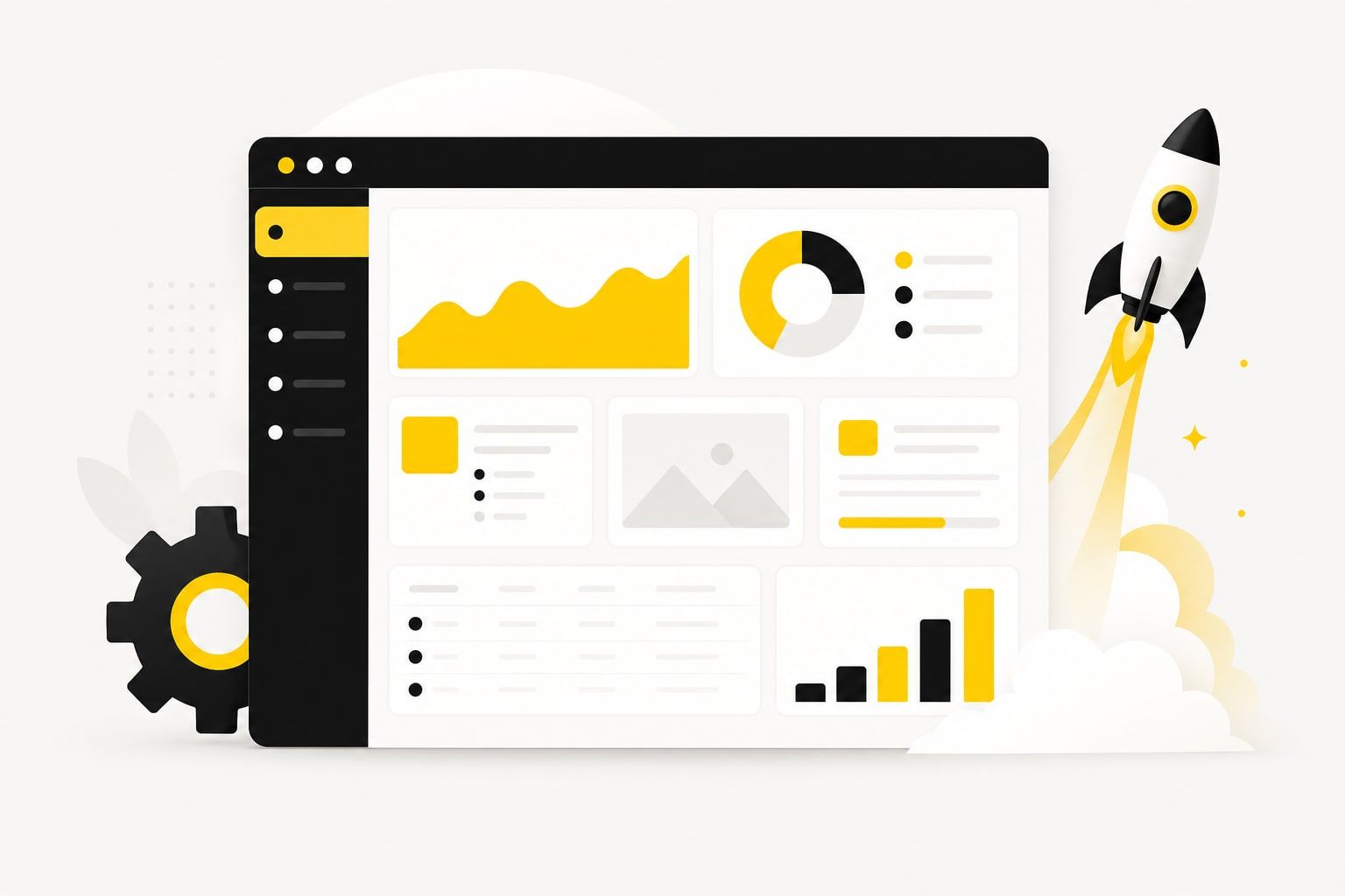 Ilustração de painel de administração de site com blocos de conteúdo, uma engrenagem e um foguete simbolizando velocidade