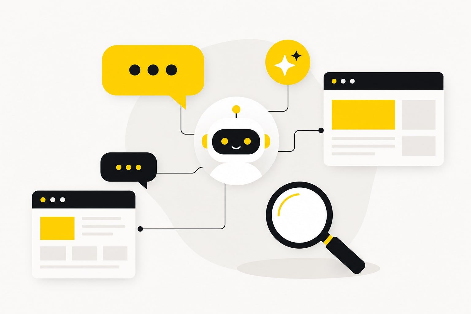 Ilustração de balões de chat de inteligência artificial conectados a páginas web e a uma lupa de busca