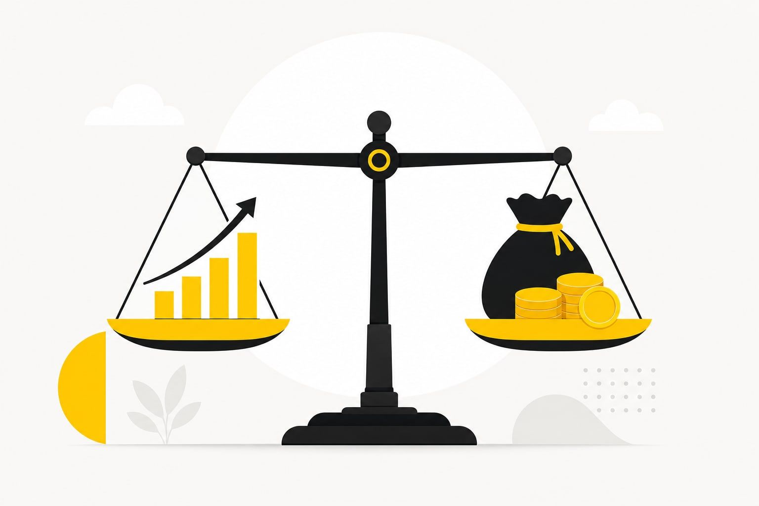 Ilustração de uma balança equilibrando um gráfico de crescimento de um lado e um saco de moedas do outro
