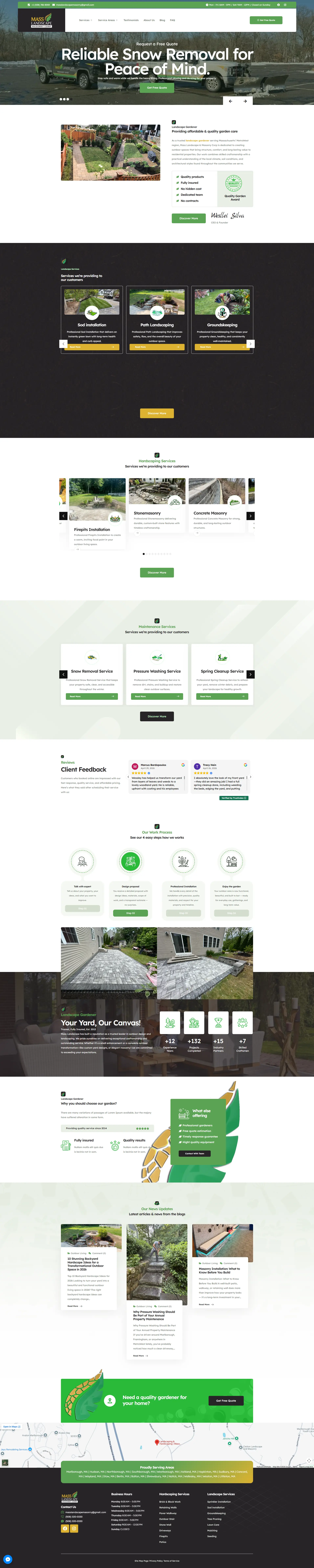 Captura da página do site Mass Landscape & Masonry, com serviços e projetos de paisagismo